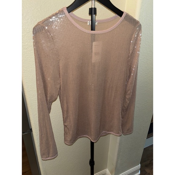 Free People Mink Sequin Knit Top Long Sleeve Sparkle Sheer Mesh Beige L - Picture 7 of 8